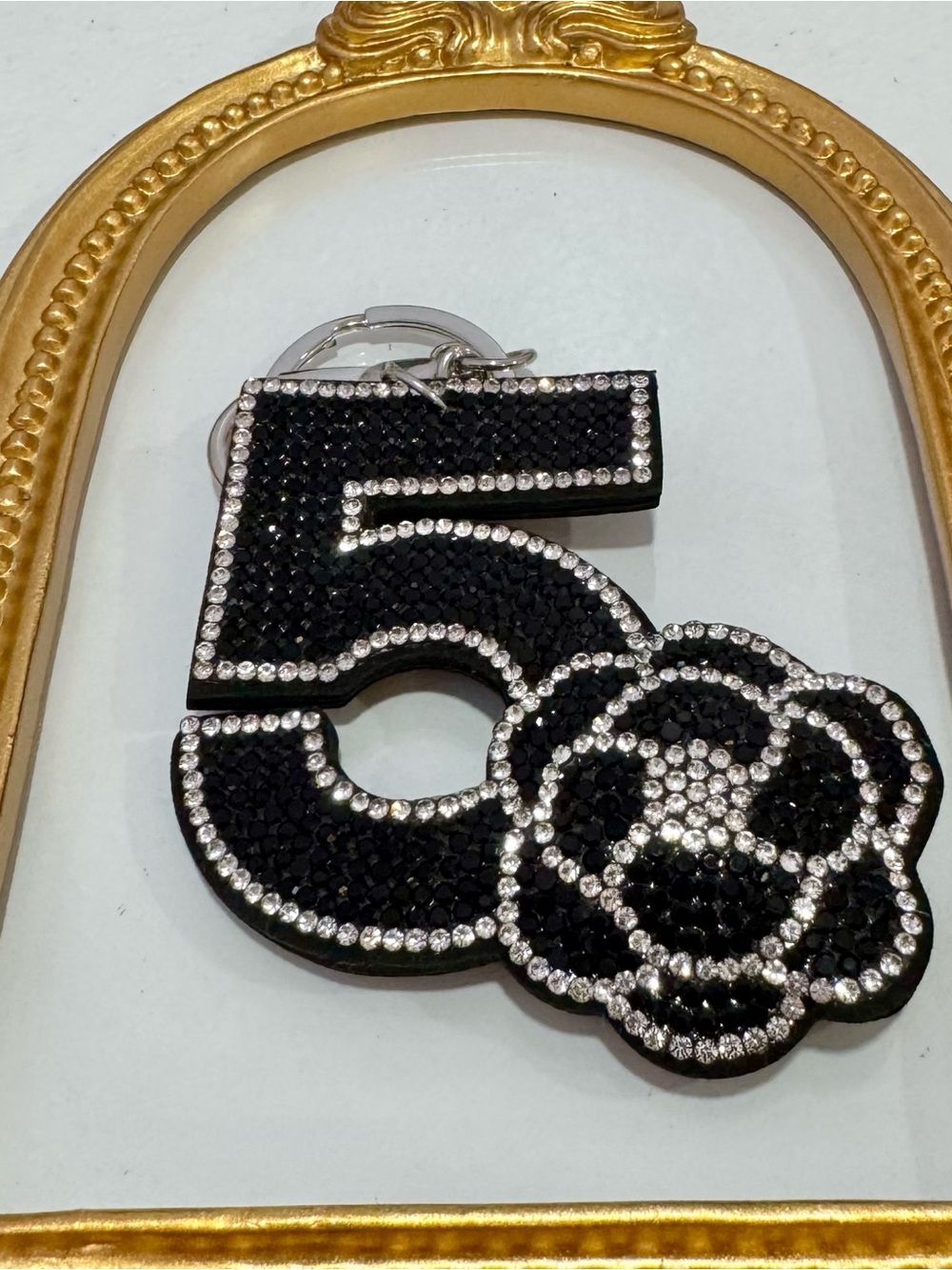 New Rhinestone Number 5 Keychain with Floral Accent - Black